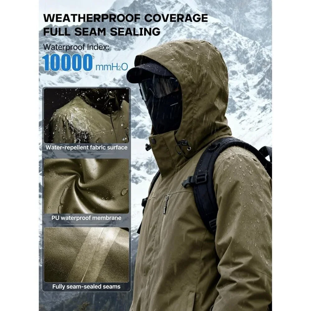 Men's Army Green Waterproof Ski Snow Jacket Fleece Lined Warm Winter Rain Jacket